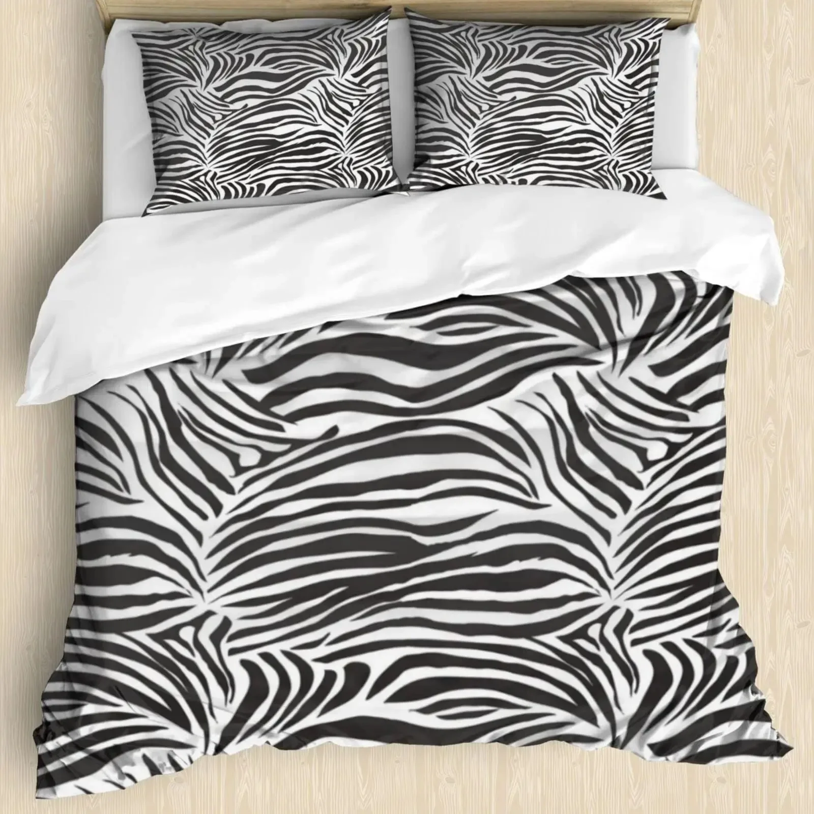 

Zebra Print Bedding Set, Striped Zebra Animal Print Decorative Quilted 3 Piece Comforter Cover with 2 Pillow Shams, King Size