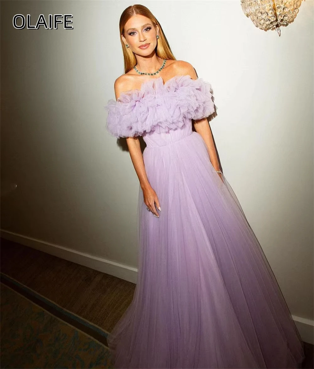 

Olaife Блестящие платья для выпускного вечера с открытыми плечами и рюшами длиной до пола, платье трапециевидной формы принцессы для выпускного вечера, robes de soirée