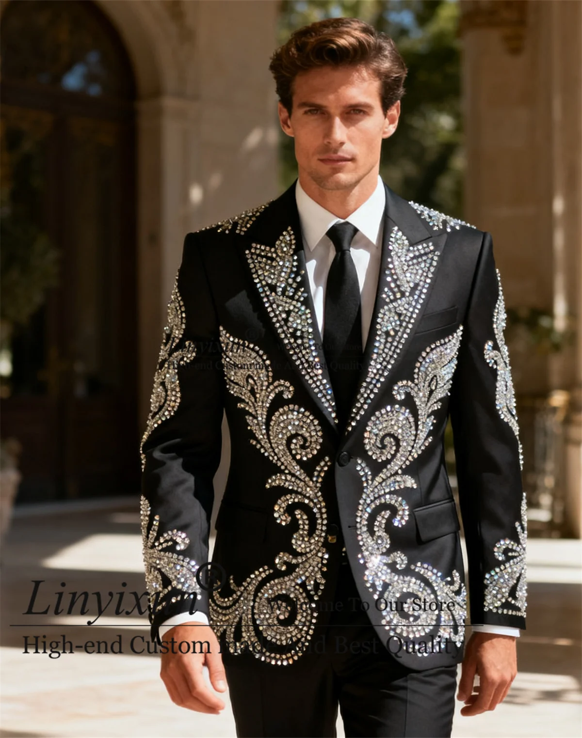 

Glitter Jewelry Crystals Men Suits 2 Pieces Sets Wedding Party Tuxedo Customized Groom Slim Fit Peaked Lapel Blazer Ropa Hombre