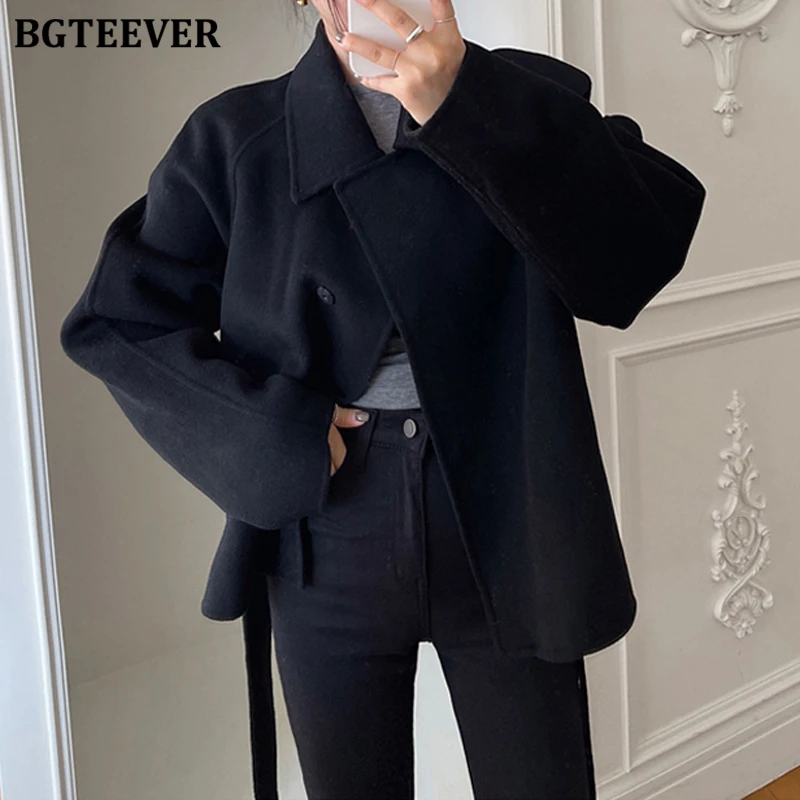 BGTEEVER Elegant Thicken Warm Women Blend Coats Autumn Winter Lapel Belted Female Woolen Jackets