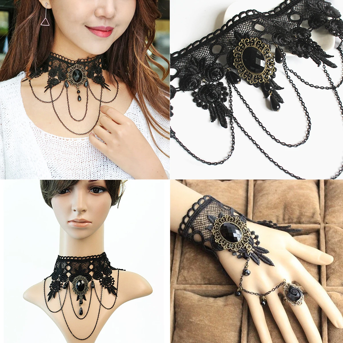 Fashion Black Lace Ring Bracelet Women Gothic Punk Style Necklace Jewelry For Women Party Dress Up Halloween Accessories