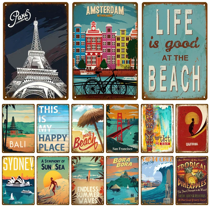 Beach Tin Sign Retro Metal Sign Plaque Metal Vintage Aesthetic Home Living Room Wall Decor Posters Art Decoration Mural Plates