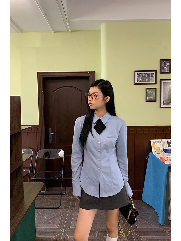 

Blue Long Sve irt для женщин Ele Design Sensation, осень 2021, новинка Sle Commute Lady Faion, полиэфирное волокно irt