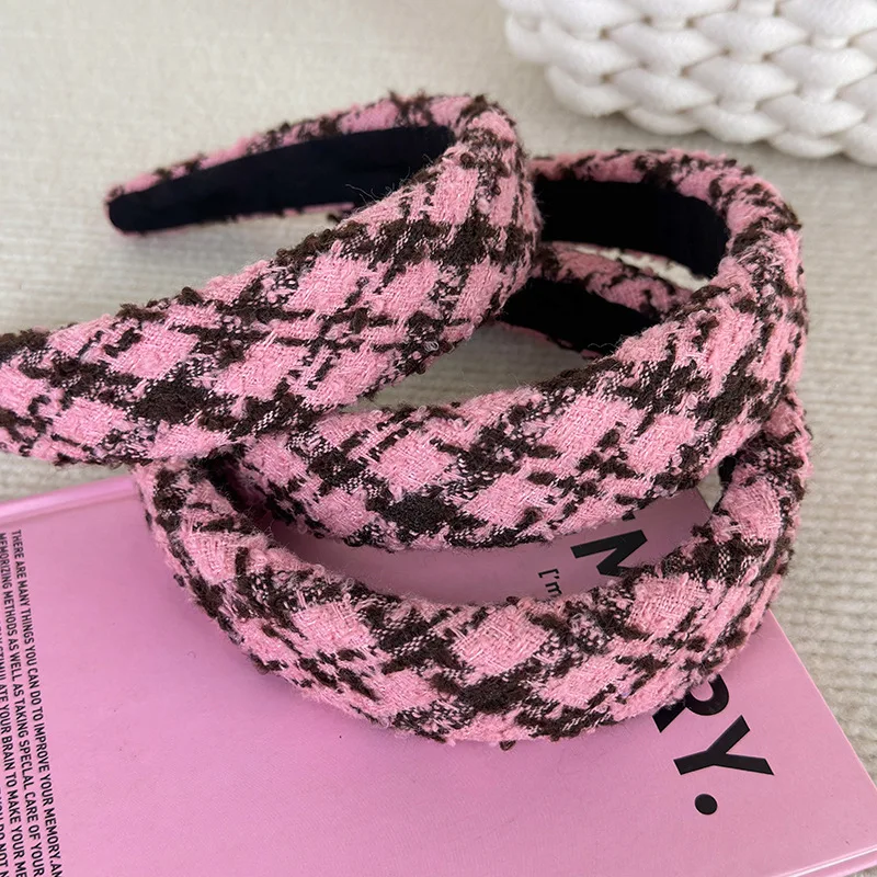 Autumn Winter Retro New Pink Coffee Lattice Headband for Woman Girls Sweet Temperament Hair Hoop Fashion Hair Band Headdress