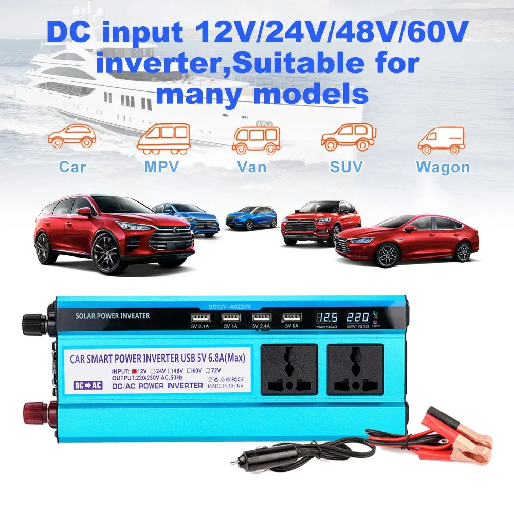 1200W Car Inverter Power Voltage Convertor Transformer DC48V To AC220V Solar Double LCD Display 4USB Inverter