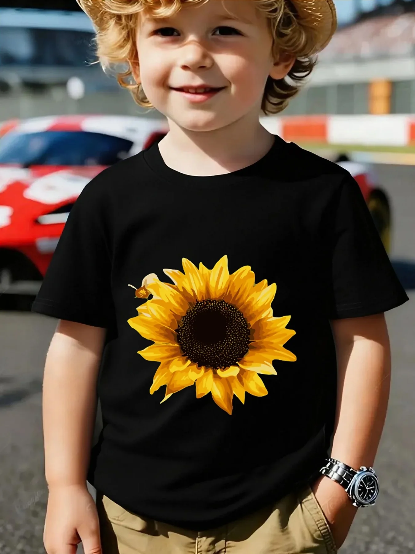 Vivid Yellow Sunflower With Little Butterfly Print Family Matching Short Sleeve Tee Boys Girls Kids Floral Casual Summer Tops