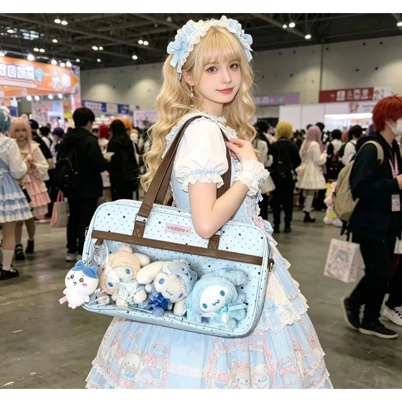 Y2k DIY Badge Display Shoulder Bag New Cute Large Capacity Lace Ita Bag Lolita Girls Transparent Pocket Casual Polka Dot Handbag