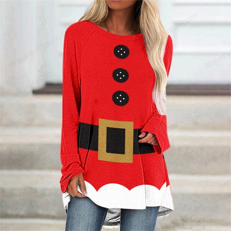 2025 New Christmas Santa Claus 3d Print Long Sleeve T-shirt Women Fashion Crewneck Red Long Tunic Tops Womens T shirt Gifts