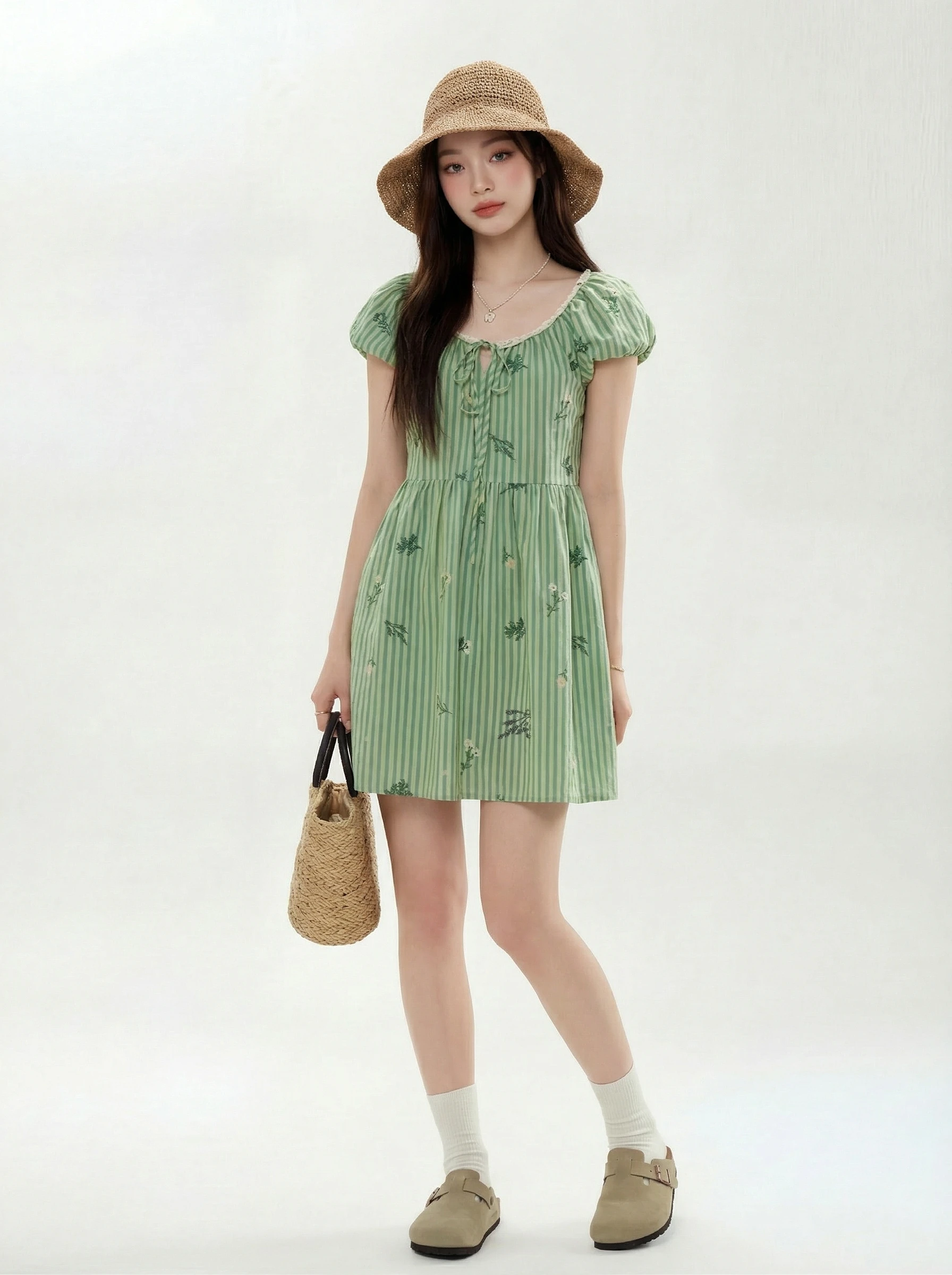 

Summer Green Stripe Embroidery A-Line Dress Women's French Style City Commute Outdoor Casual High Waist Breathable Short Sleeve