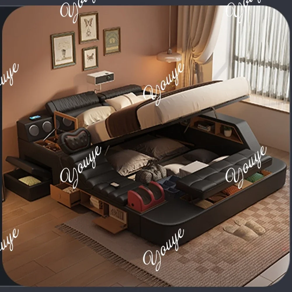N63USB Modern Upholstered King Size Bed Luxury Tech Smart Multifunctional Bed With Massage Chair, Bluetooth Speakers, Projector,