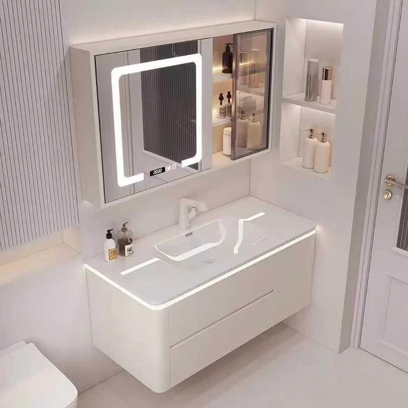 

Cream Wind Ceramic Integrated Rounded Corner Bathroom Cabinet Light Luxury Toilet Cabinet Washbasin Combination Cabinet Washbasi