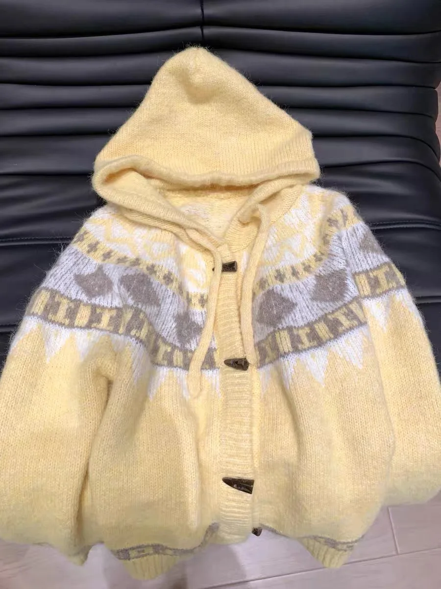 

Женский вязаный кардиган свободного кроя на пуговицах с цветными блоками и ромбовидным узором, модный, универсальный, в стиле Lazy Chic