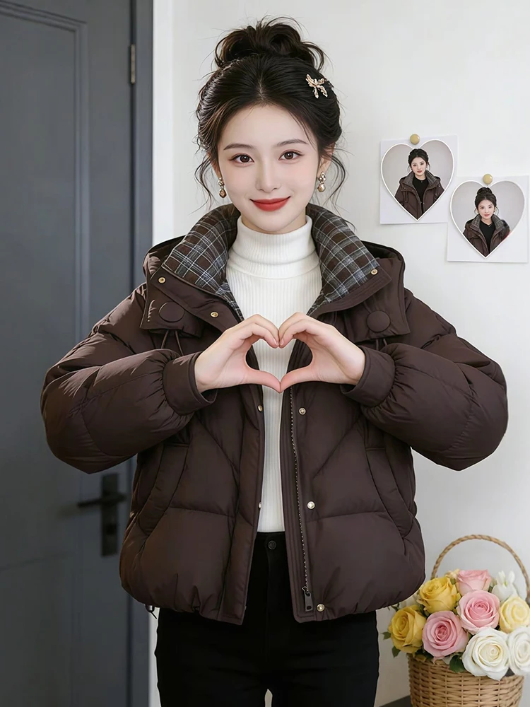 

Caramel Brown Thiened Fce Women's Jaet Faionable Warm Cotton down Coat Winter Outerwear Korean Sle Long Sve Zipper