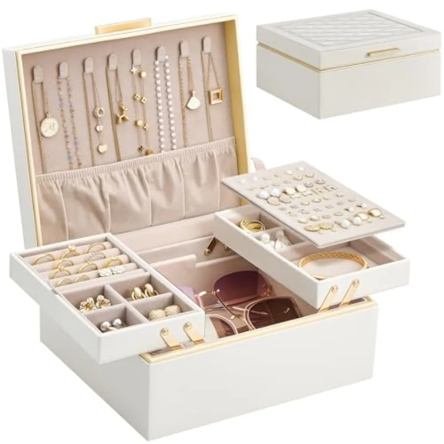 Jewelry Box Organizer for Women Girls, 2 Layer Jewelry Organizers and Storage for Necklace Earrings Rings Bracelets, Large Jewe