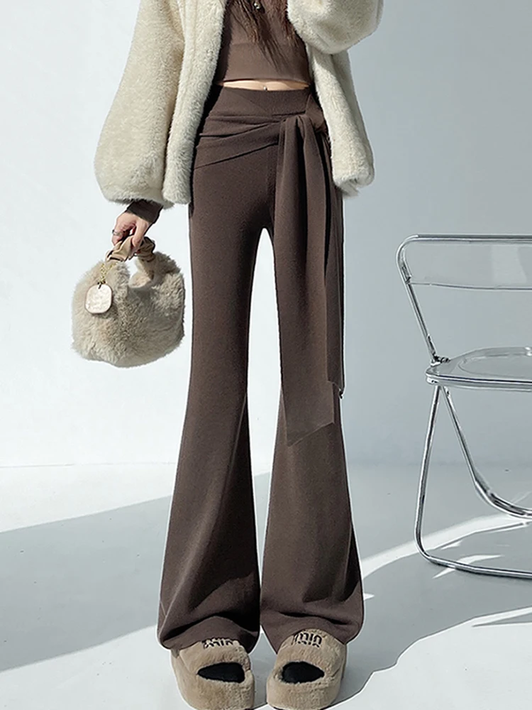 Calças Casuais de Malha com Cintura Alta para Mulheres, Novas Calças de Comprimento Total para Outono e Inverno, Pernas Retas Assimétricas