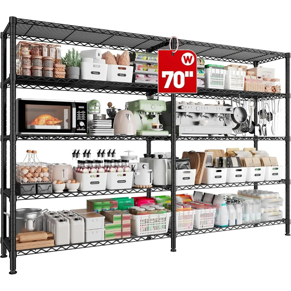 

70" W Storage Shelves Load 1600 lbs – 5-Tier Wire Shelving Unit, Adjustable Metal Shelves for Garage & Home Organization