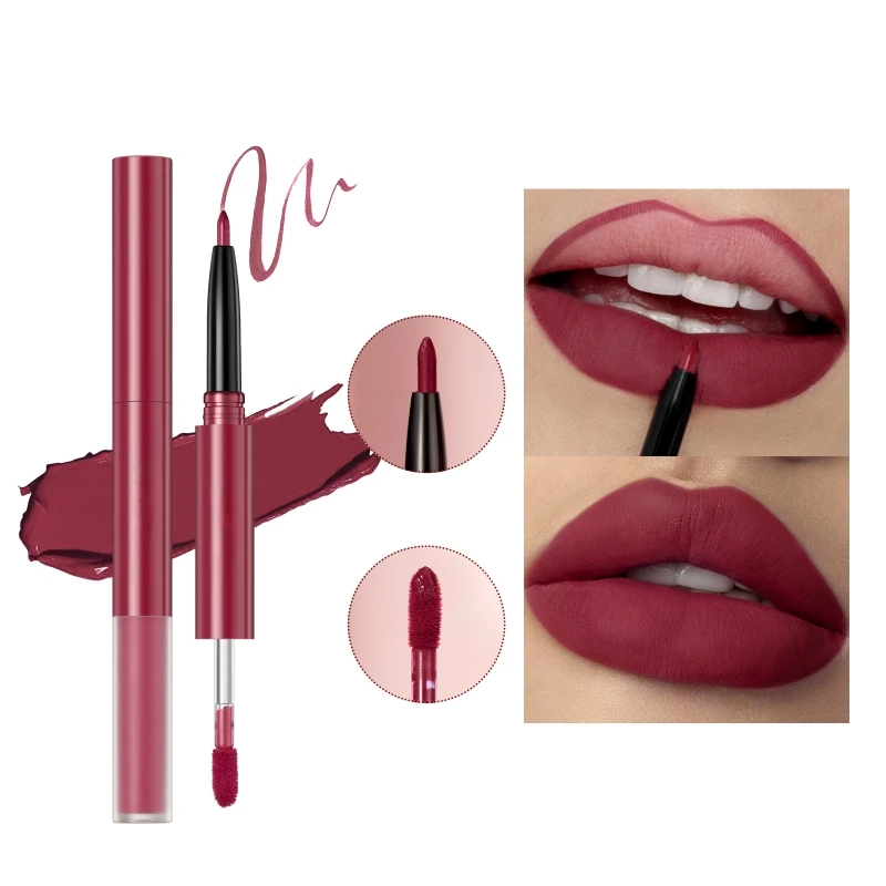 6 Colors Double-end Lip Gloss Waterproof Lipstick Pen Long Lasting Sexy Red Lipgloss Beauty Matte Lip Liner Pen Lips Makeup