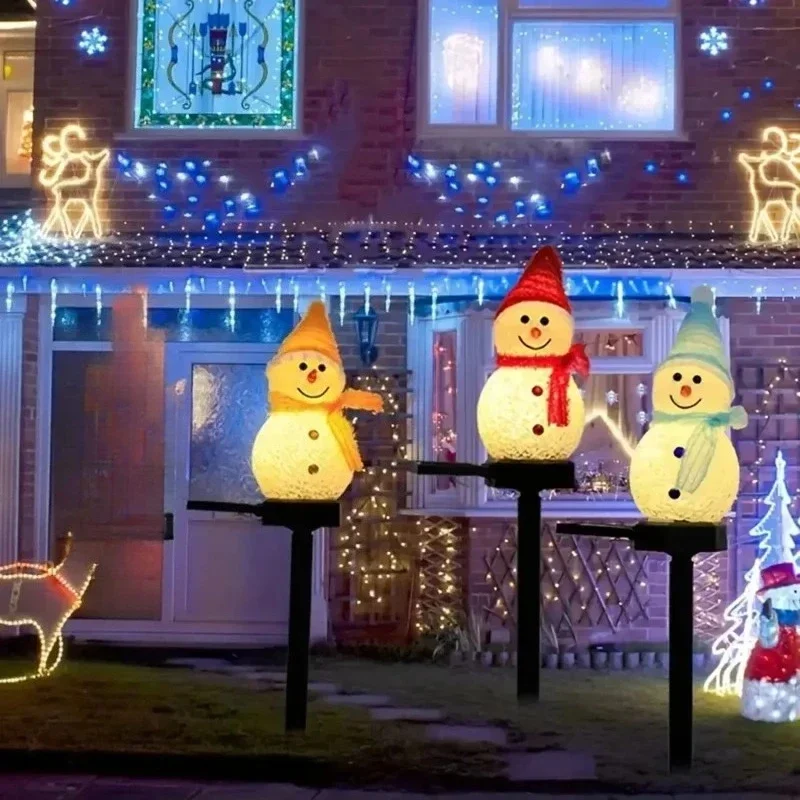 Christmas Snowman Solar Lights Set LED Ground Stake Outdoor Waterproof Warm White for Garden Yard Pathway Decoration