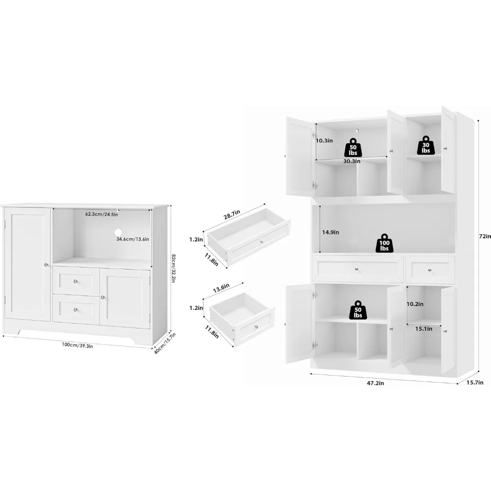 2Pcs Kitchen Storage Cabinet,72 inches,Buffet Cabinet with Microwave Stand and Door Shelf,Modern Kitchen Hutch Sideboard Cabinet