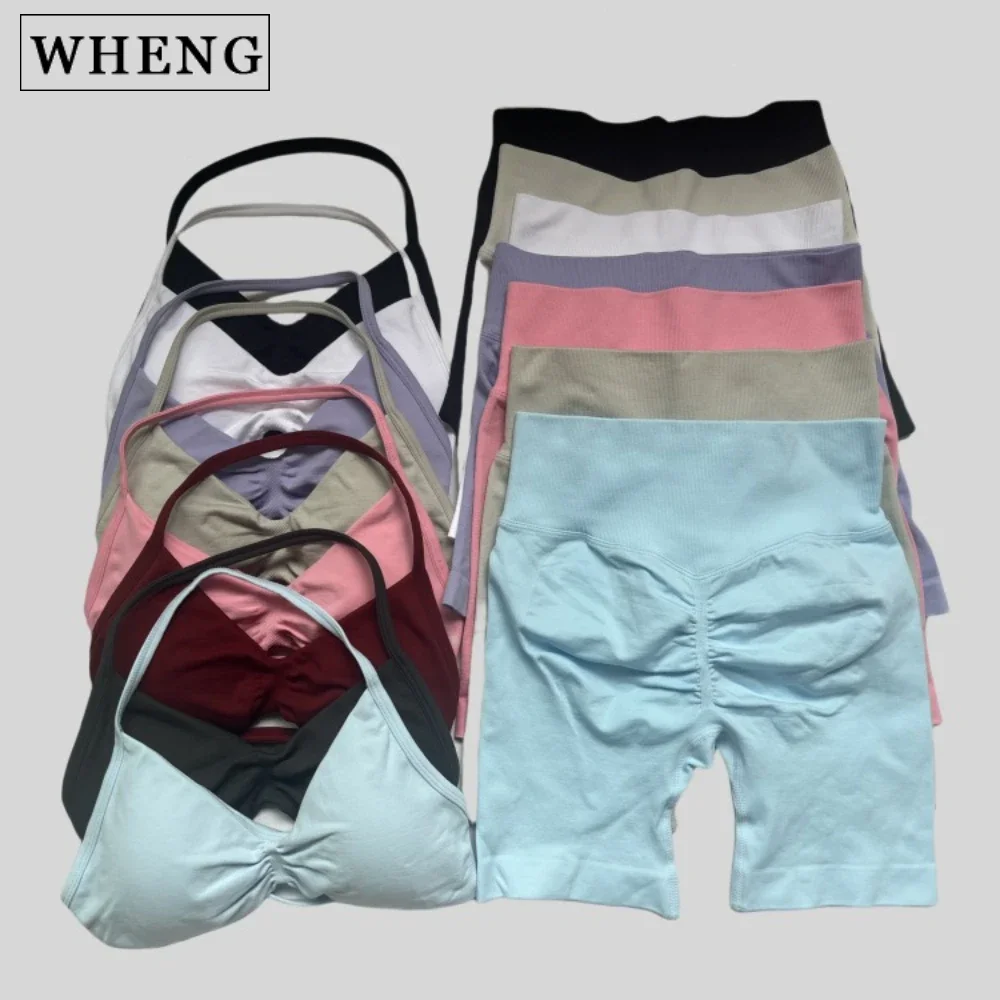 

WHENG Gym Set 2 Piece Women Strappy Yoga Bra Top Workout Scrunch Shorts Sports Suit Fitness Clothes Seamless Yoga Set