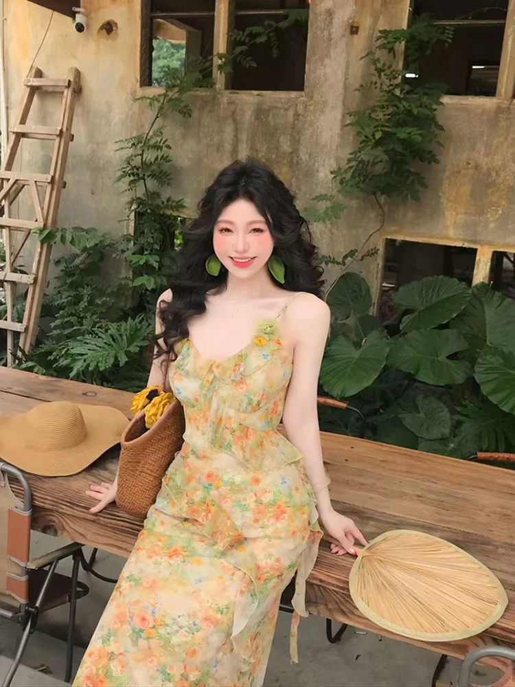 

Uomosi STAZF7 plus Size Vintage Floral Waist Cinched Strap Dress Women Summer V Neck Lace Trim Holiday Long Dress