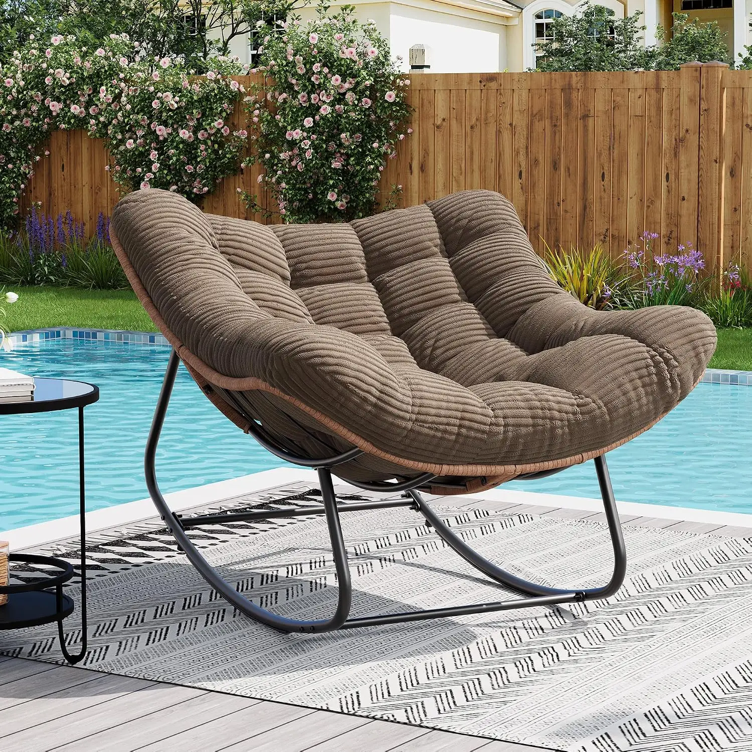 Oversized Outdoor Rocking Chair Metal And PE Rattan Frame With Cushion 400LBS Capacity Gentle 30 Degree Rocking Comfort Ideal For Patio Garden Or Living Room