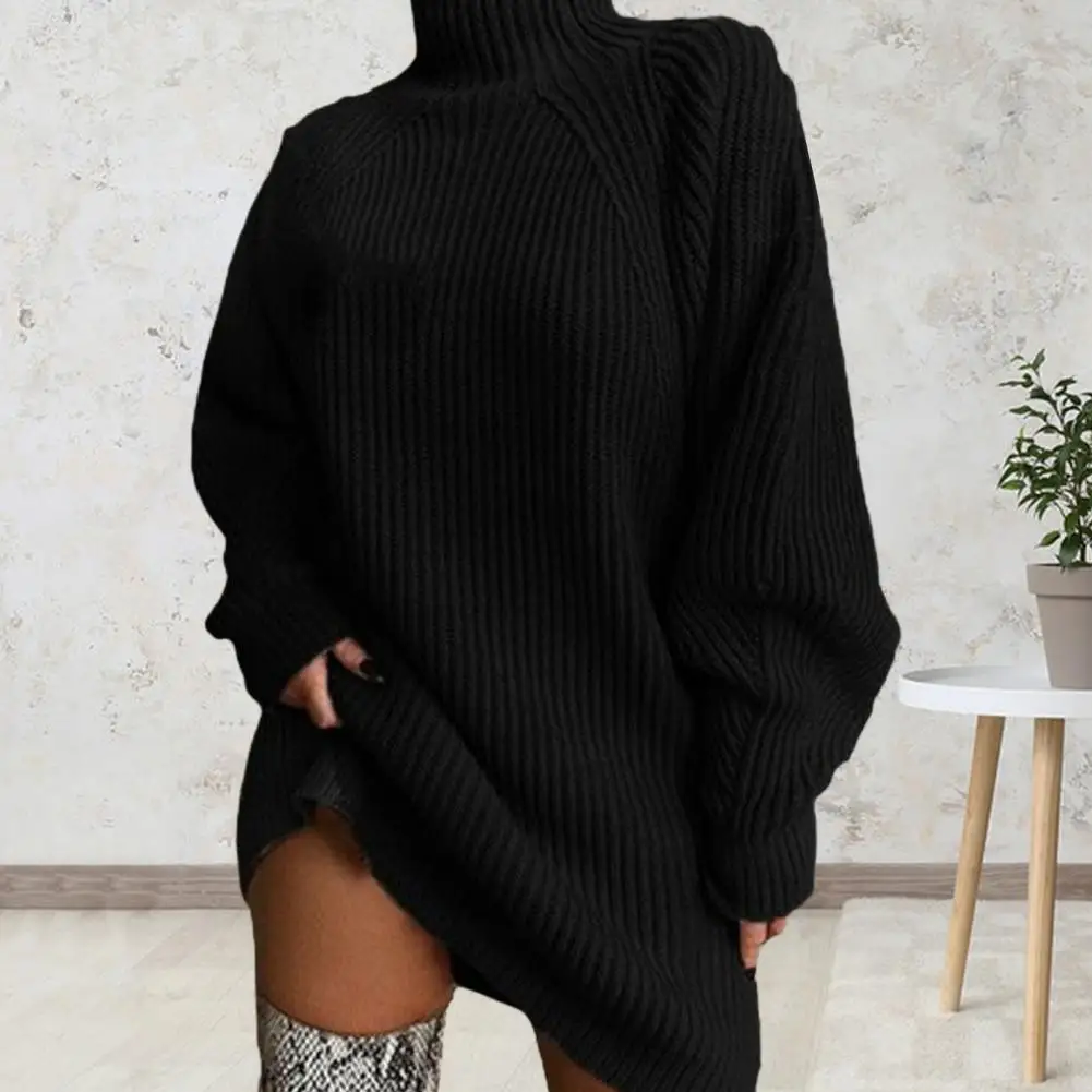 من المألوف فضفاض كسول نمط فستان متماسكة عادية شتاء جديد وصول المرأة فستان كم كامل الياقة المدورة الرقبة فستان ميدي