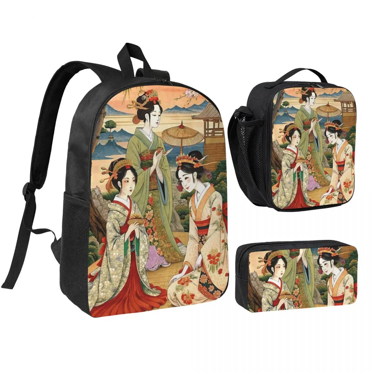 Geisha Floral Vintage Design Backpack Student BookBag School Bag Shoulder Bags 3ps Insulated Lunch Bag Pencil Case