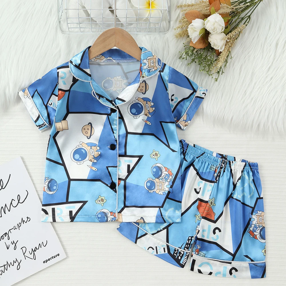 

Summer Baby Boys Girl Silk Satin Pajamas Set Short Sleeved Cartoon Astronaut Print Sleepwear Kid Loungewear Short Shorts Outfits