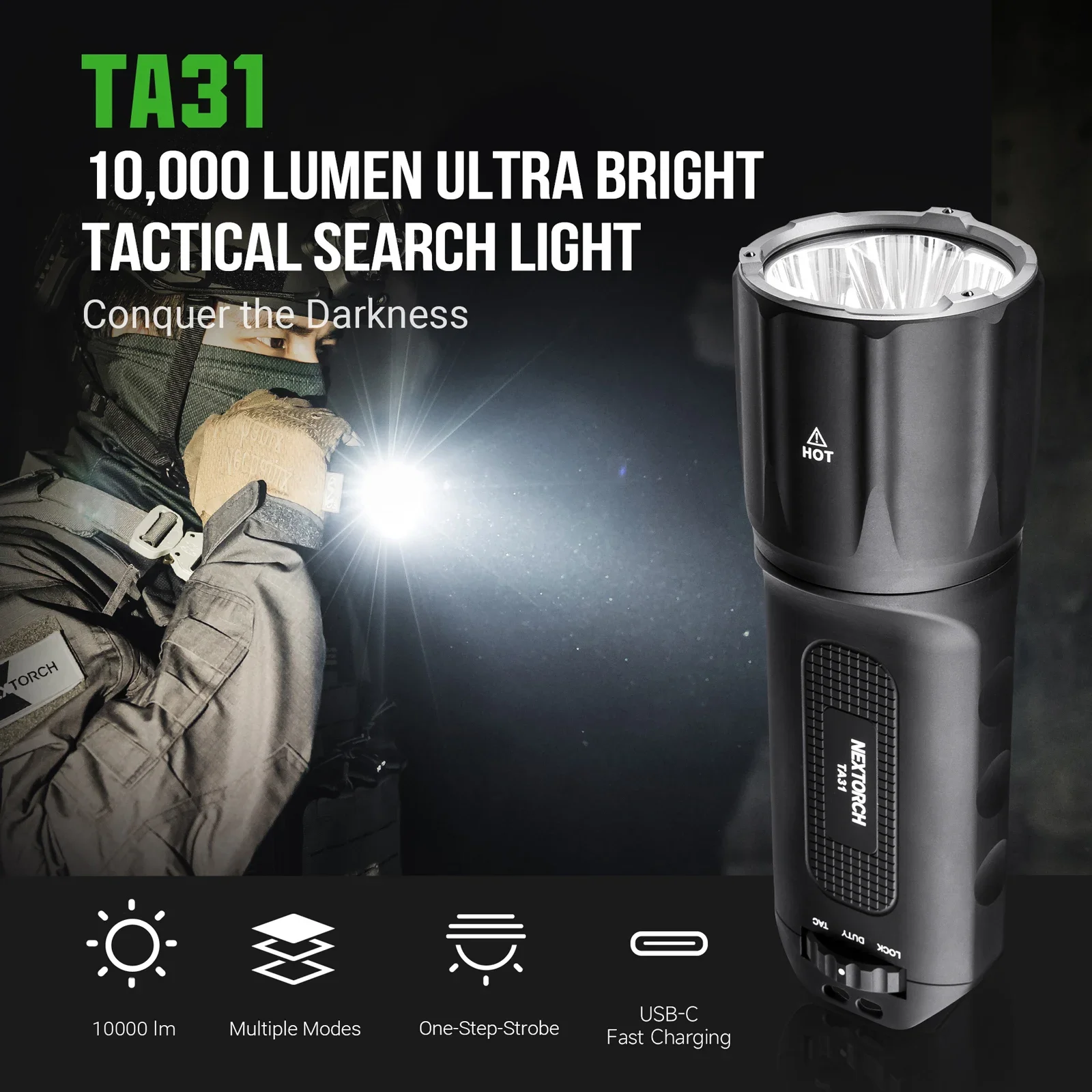 NEXTORCH TA31 10000 lumens Strong ultrabright flashlight , high power tactical flashlight , usbc camping, rechargeable