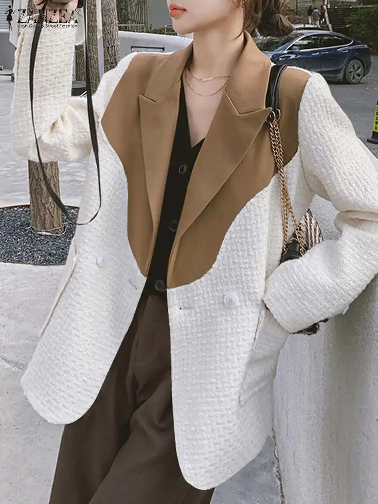 

ZANZEA 2023 Long Sleeve Work Office Jacket Autumn Women Colorblock Lapel Button Front Blazer Vintage Textured Fabric Thin Coats