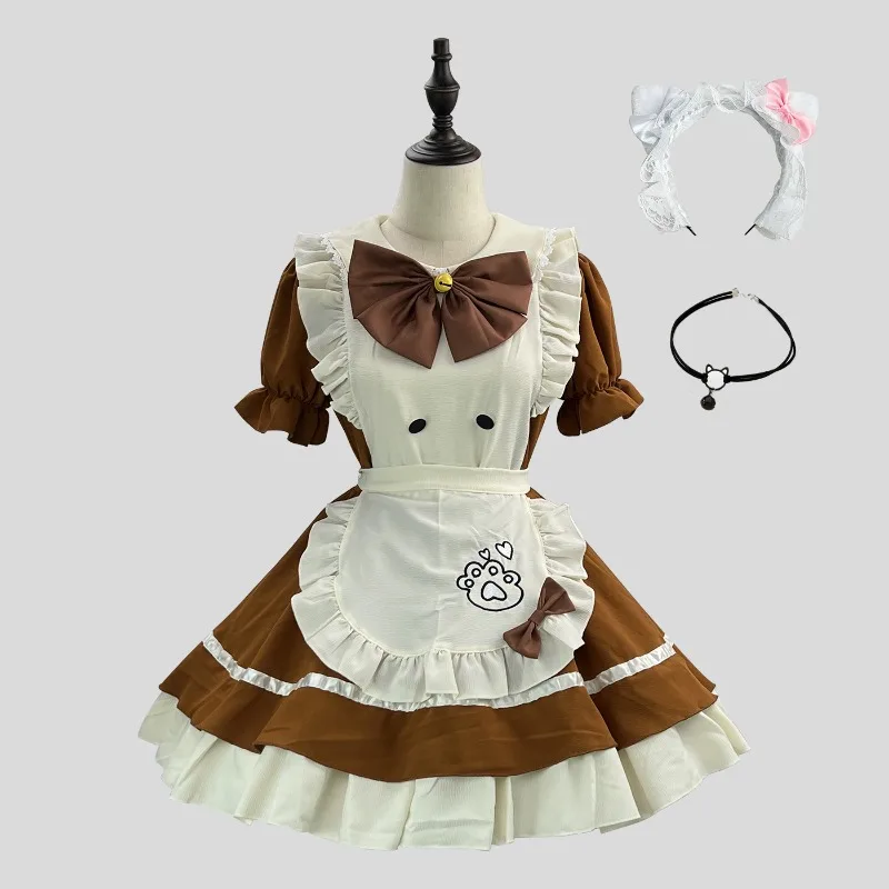 Women Sweet Cat Paw Maid Cosplay Dress Ruffle Apron Dress with Pink Bow Headband and Choker for Party view 6