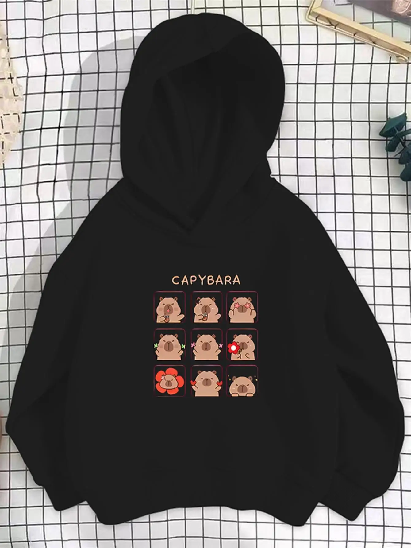 „Capybara-Print-Hoodie – bequemer, figurbetonter Pullover mit Capybara-Gesicht und Kängurutasche, mit aufgedruckten Logos, lässiger Alltags-Sweatshirt für alle Jahreszeiten“