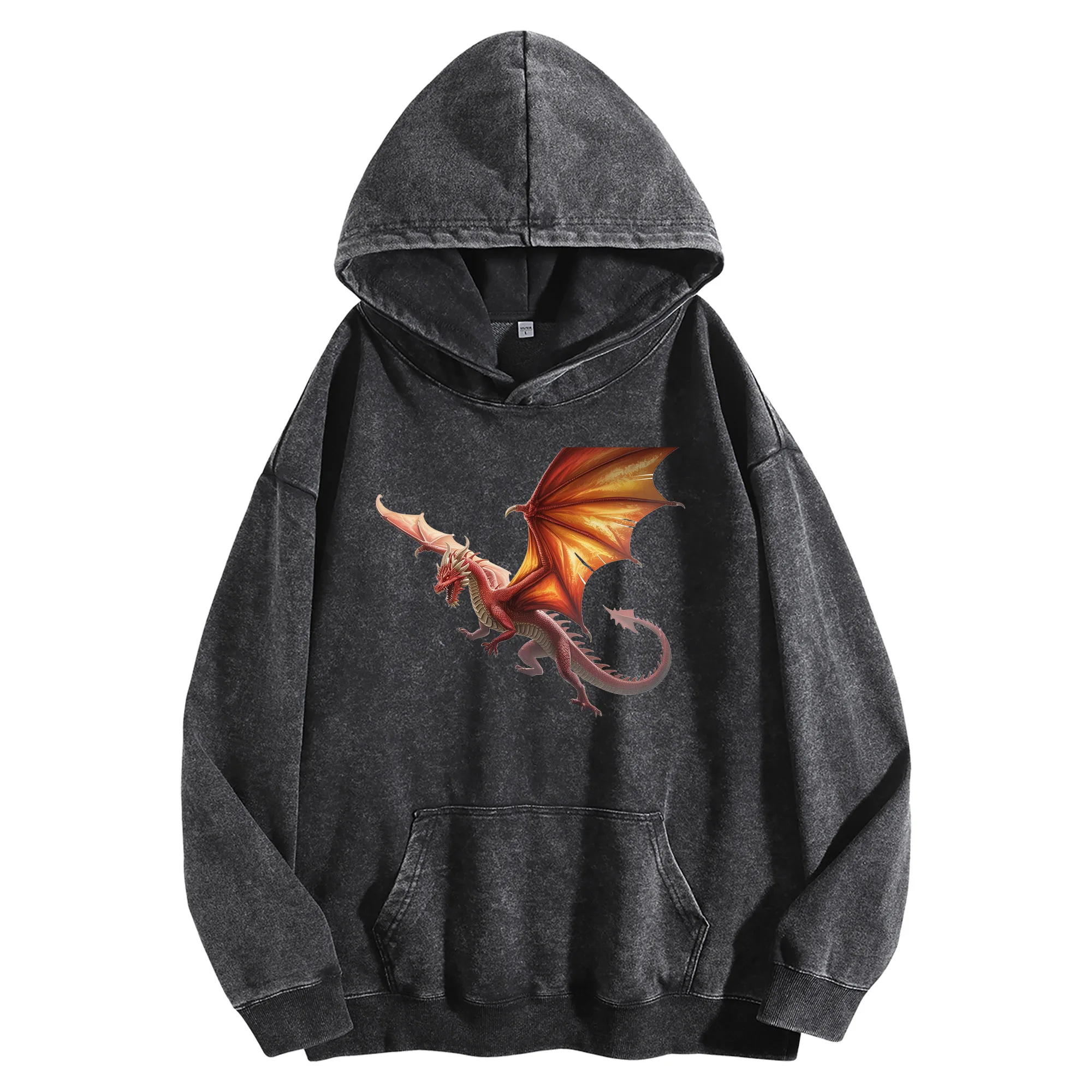 

Винтажная мытая толстовка с рисунком Fire Dragon 400G, унисекс, уличная одежда большого размера, пуловер, подарок на Рождество и Новый год