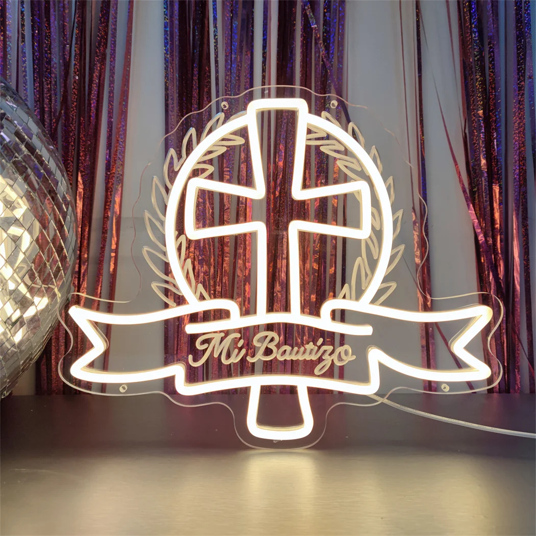 

Неоновая вывеска LED Mi Bautizo, теплый белый свет, для декора стен на религиозные церемонии, дни рождения, украшения детской комнаты