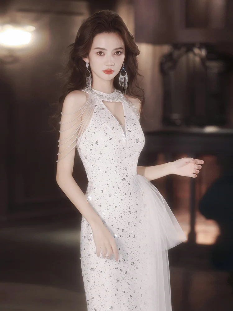 

Ele Fi Tail Evening Gown Ne Hanging White Dr for Annual Conference Par Host Luxury Sensation Pure Color Long ...