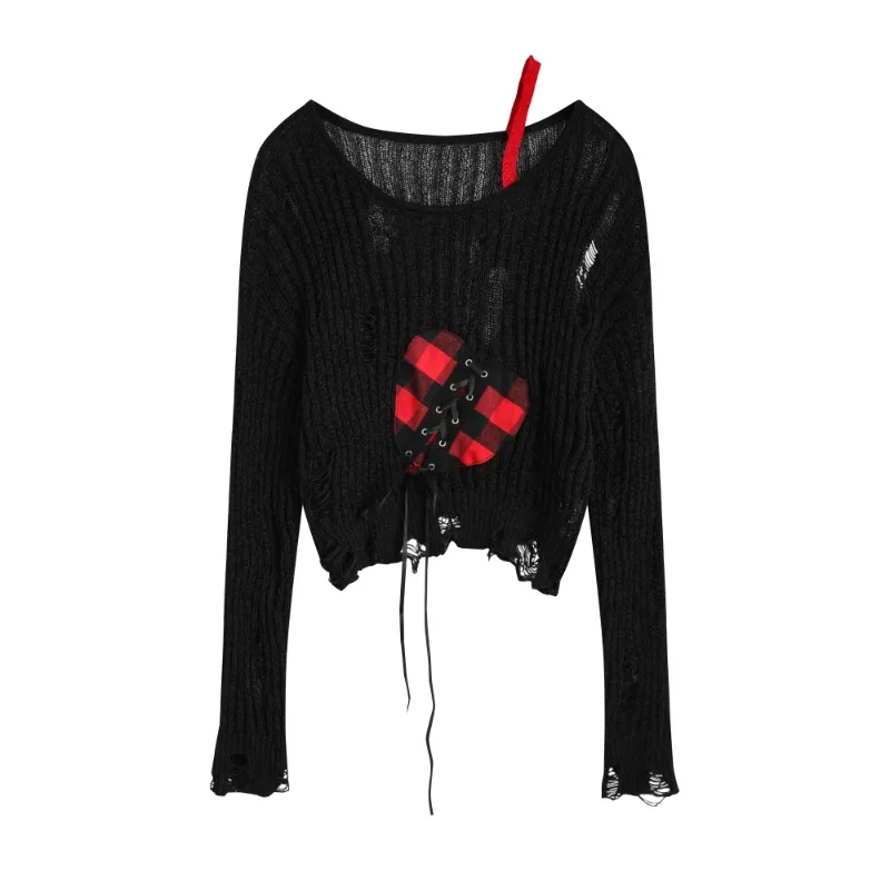 Hip Hop Women Streetwear Smock Torn Damage Plaid Heart Patch Bowknot Perforated Buckle Single Camisole Blouse Sweater