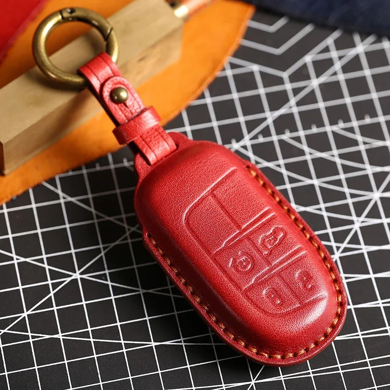 Car Key Case Cover For Jeep Renegade Grand Cherokee Dodge Challenger Leather Keychain Holder Fob Protector Keyring Accessories