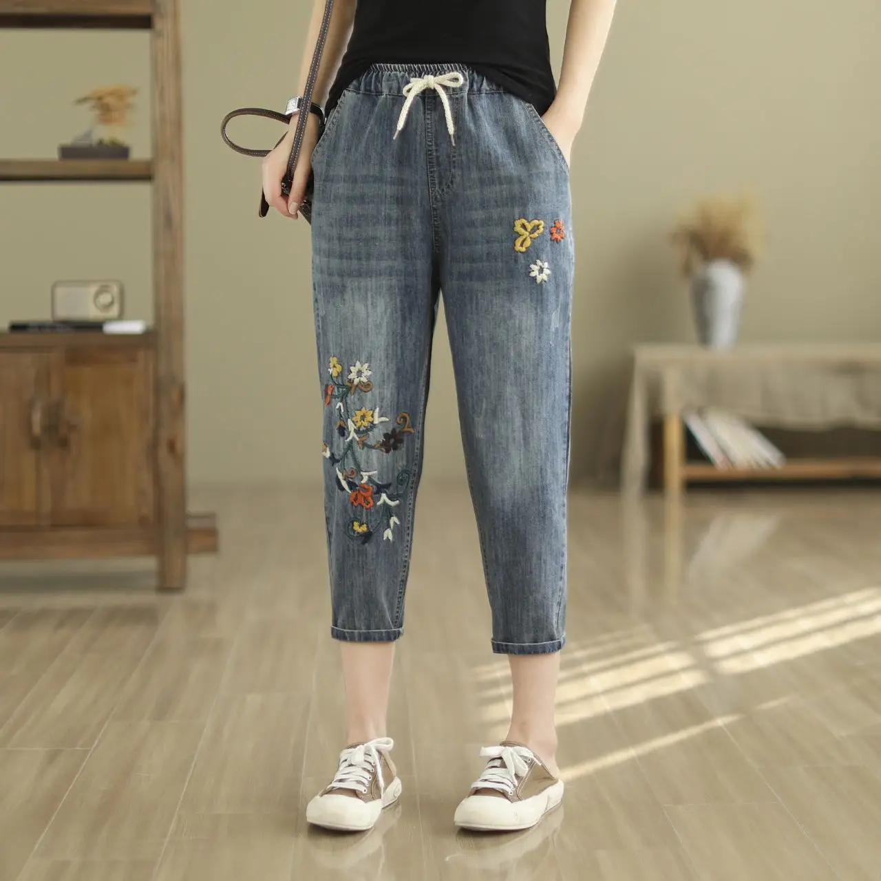 Jeans High Waist Women Retro Straight Trousers For Female Ankle Length Pants Elastic Waist Pant Hole Embroidered Jeans