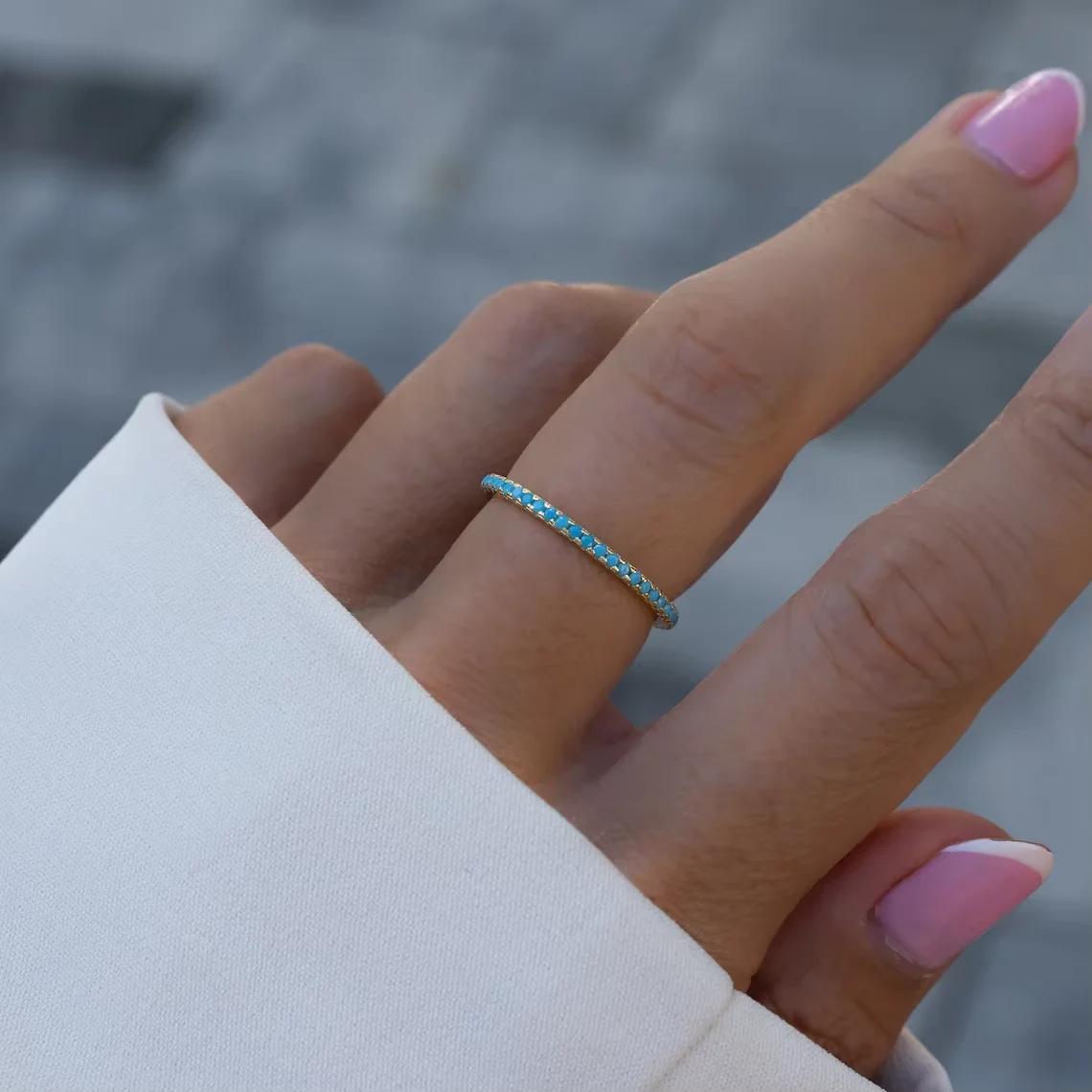 2025 Thin Cz Turquoises Stone Eternity Band Gold Color Stack Stacking New Fashion Women Charm Finger Ring Jewelry