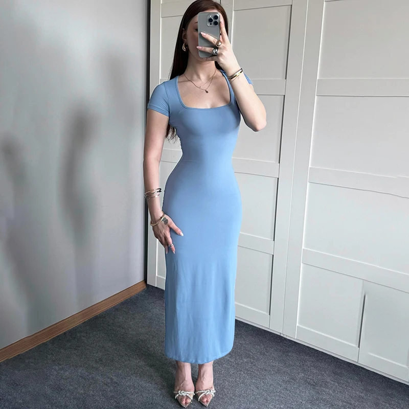 CUTENOVA Summer Basic Simple Square Collar  Solid Color Long Dress Short Sleeve Skinny Casual Maxi Dress For Women Streetwear