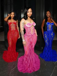 Cutenew Lace Sexy Women Maxi Dress Stunning Coquette See Through Patchwork Drawstring Strapless Bodycon Mujer Midnight Club Robe