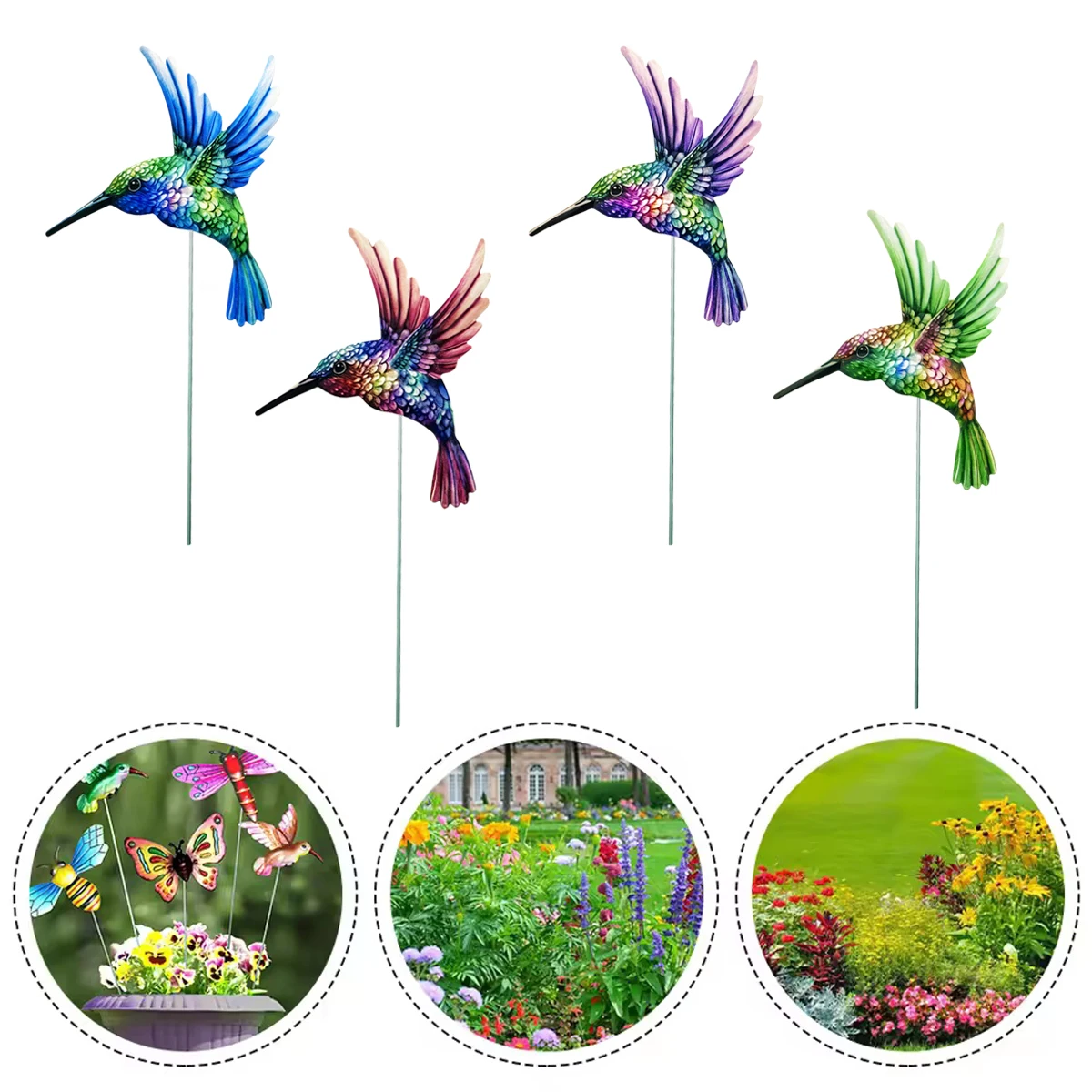 

4PCS Metal Hummingbird Stakes Art Sculpture Outdoor Waterproof Iron Ornament Garden/Home Decor Yard Lawn Patio Garden Bird Decor