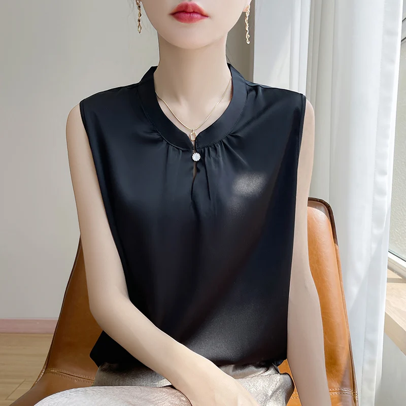 

New Silky Satin Round Neck Sleeveless Vest in Summer Women's Solid Color Loose Suit With Base Shirt