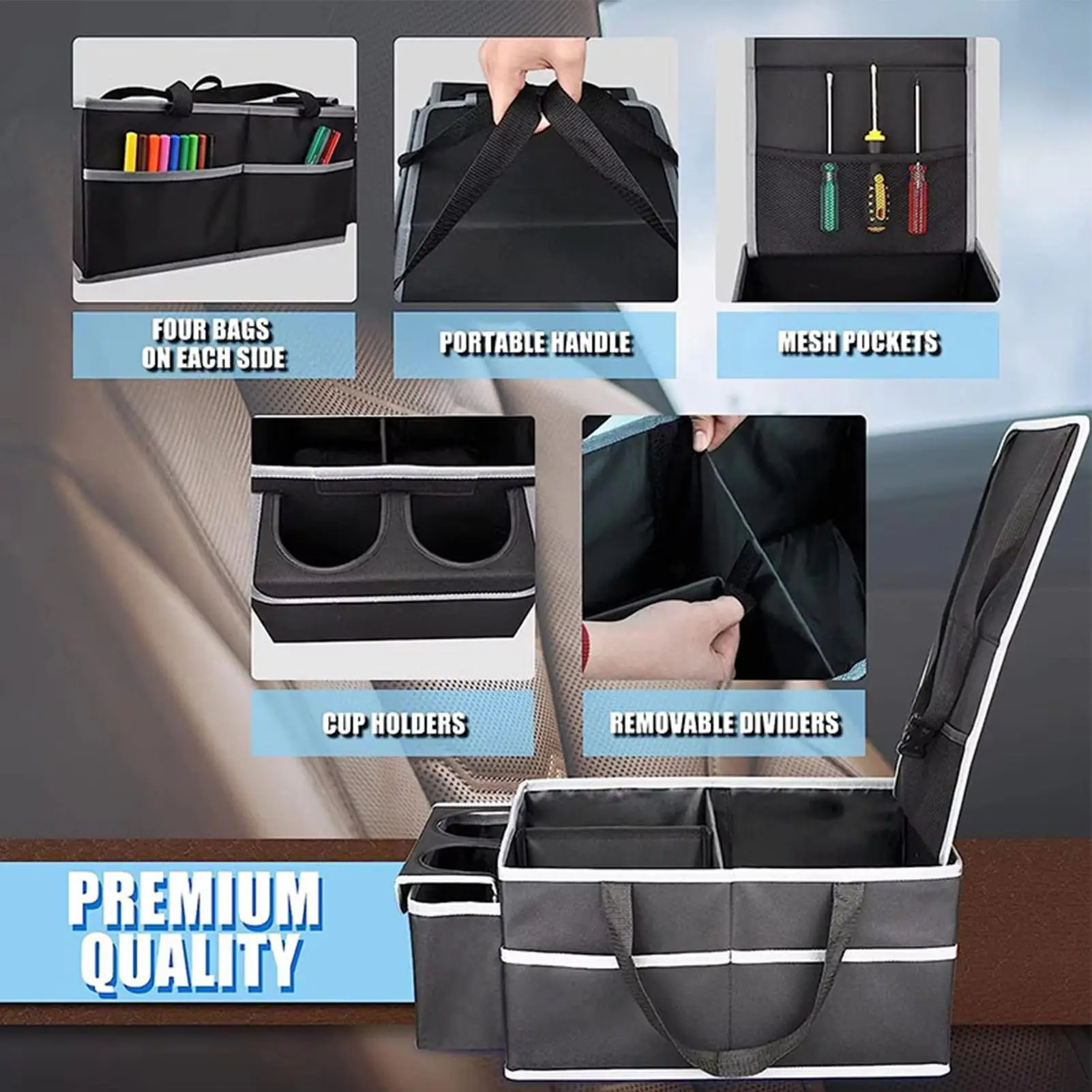 

Car Seat Storage Organizer Car Trunk Seat Storage Bag With Multiple Compartments Cup Holder Foldable Interior Accessories