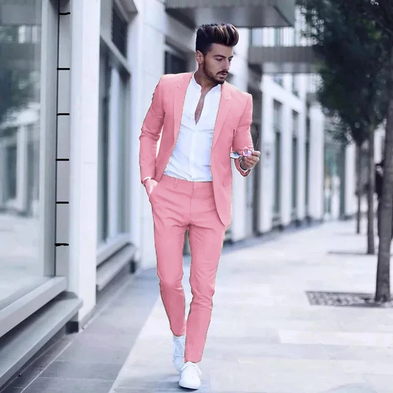 

Man Casual Fashion Luxurious Business Men's Suit for Wedding Party Tuxedos Slim Fit Peak Lapel Pink Suits Male(Jacket+Pants)