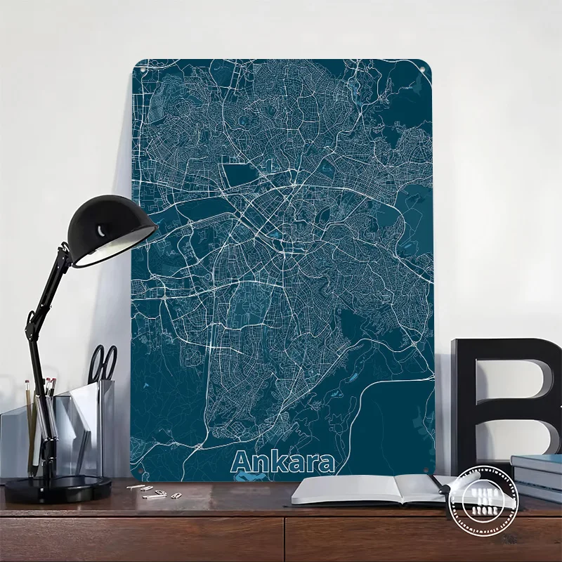 Ankara City Map 3D Printed Texture Poster Personalized Wall Art Retro Metal Tin Signs for Vintage Decor Room Decorating Interior