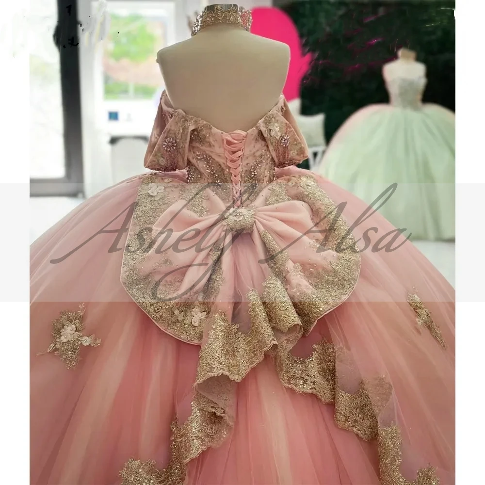 Aangepaste prinses meisje Quinceanera baljurk jurken off-shoulder kristallen strik vloerlengte dames prom speciale gelegenheid jurk