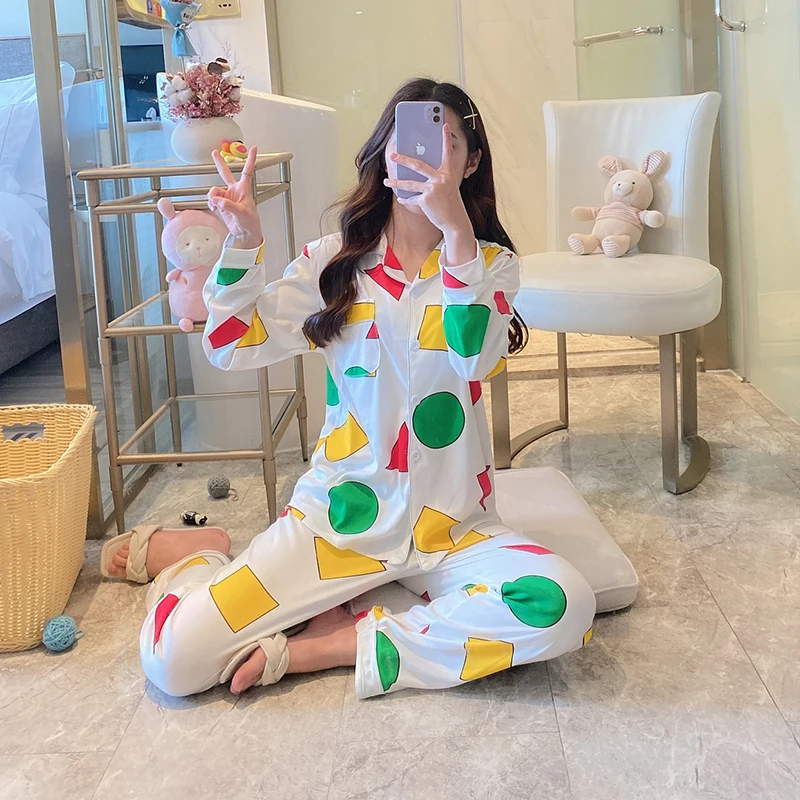 2PCS/Set Men and Women Spring Fall Couples Cute Cartoon Long-Sleeved Plus Size Homewear Green Geometric Patterns School Pajamas