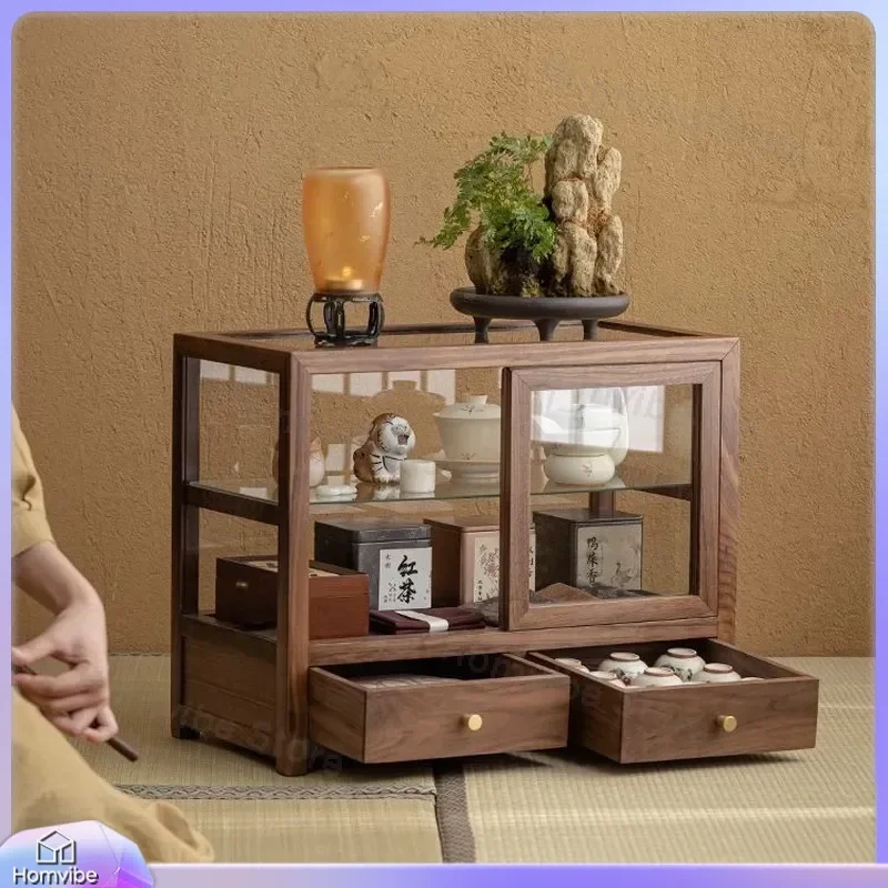 Walnut Transparent Tea Table Storage Box New Chinese Style Multi Layer Desktop Organizer Dustproof Household Furniture Locker